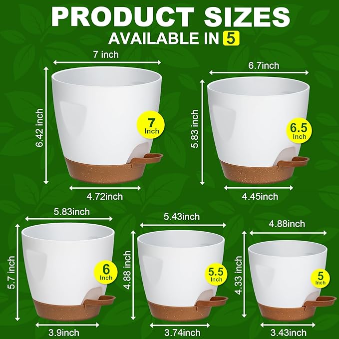 Uneed Indoor Self Watering Planters with Drainage Holes and Saucers, 7/6.5/6/5.5/5 Inch-5 Pots,for Indoor Plants, Herbs, Succulents (White)-Ruum Studio Home