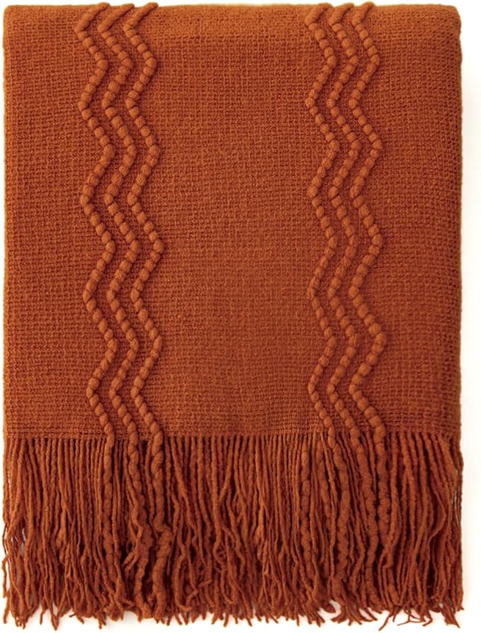 MIULEE Fall Rust Knitted Throw Blanket for Couch Boho Terracotta Textured Cozy Woven Blanket with Tassels for Sofa Chair Bed Living Room Acrylic Wave Pattern 60"x80"-Ruum Studio Home
