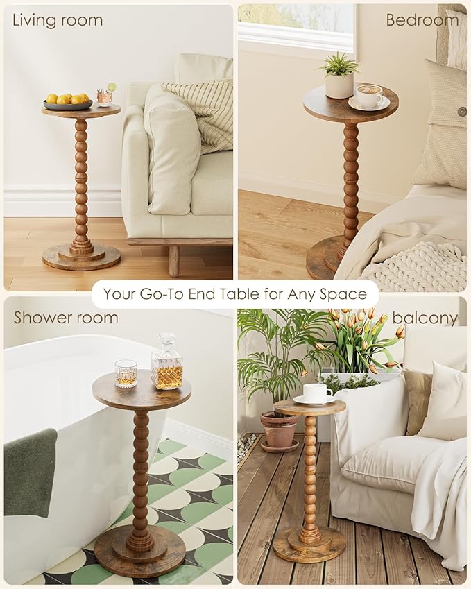 Masupu Round Side Table, Small End Table for Small Spaces, Pedestal Drink Table with Solid Wood Leg for Living Room, Bedroom, Corners(Rustic Brown)-Ruum Studio Home