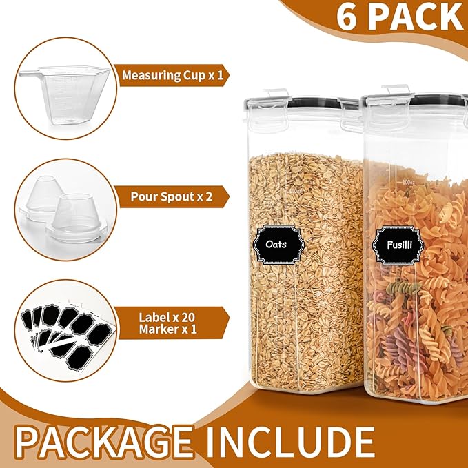 Cereal Containers Storage Set (4L / 135.2oz), 6PCS Airtight Food Storage Containers with Lids, Cereal Dispensers for kitchen Pantry Organizers and Storage with Pour Spout, 20 Labels, Marker-Ruum Studio Home