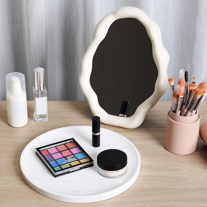 Natural Round Marble Tray - Luxury Decorative Serving Tray for Coffee Table, Bathroom Vanity, Dresser & Kitchen Countertop - Stone Organizer for Jewelry, Perfume, Candle, Home Decor(Volakas)-Ruum Studio Home