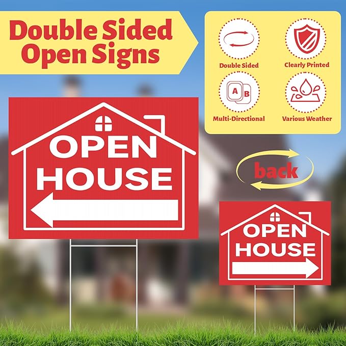 44 Pcs Open House Signs for Real Estate Agent Supplies, Double Sided Open House Flag with Poles Kit, 7.6 x 5.4 Ft Red Opening Sign Banner Set, 5 Pack Yard Signs with Metal Stakes 30 Balloons-Ruum Studio Home