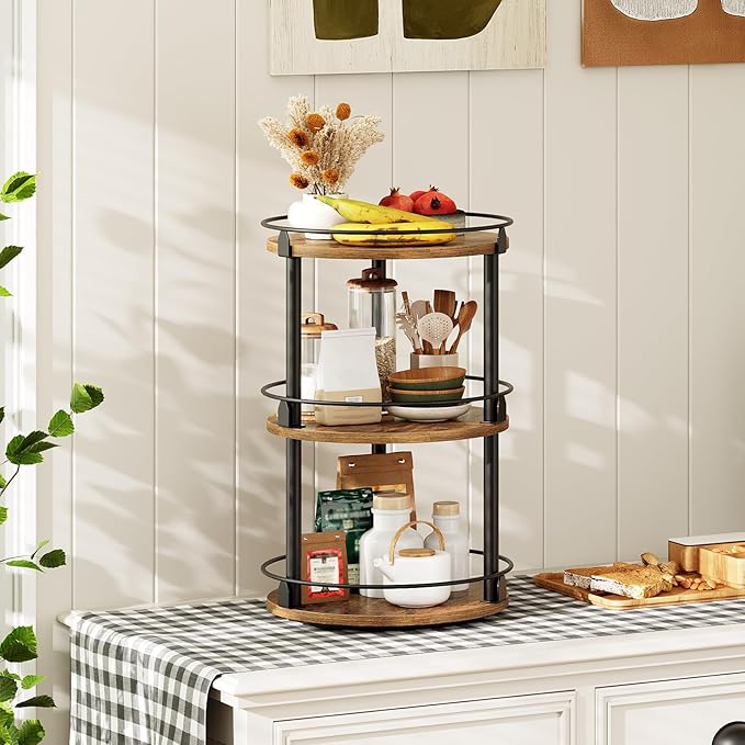 3-Tier Lazy Susan Organizer, Rotating Spice Rack, Spinning Organizer, Industrial Turntable Spice Rack Organizer for Cabinet, Kitchen Countertop, Pantry, Rustic Brown and Black SR23BR-Ruum Studio Home