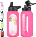 32 oz Glass Water Bottle with Straw and Handle, Sports Motivational Water Flask with Silicone Sleeve, Large Leakproof Water Flask Cup with Time Marker for Travel, Gym, Hot Pink-Ruum Studio Home