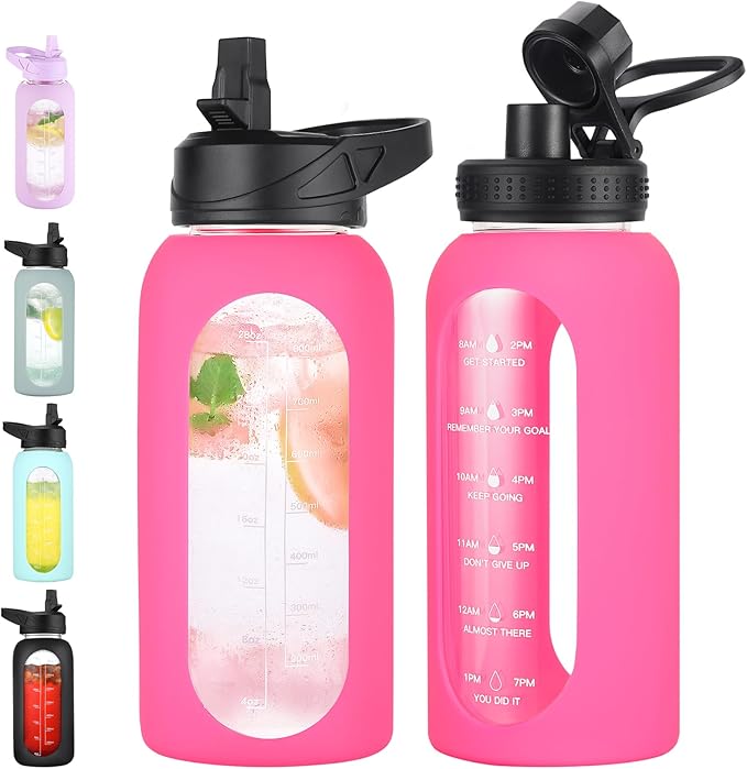 32 oz Glass Water Bottle with Straw and Handle, Sports Motivational Water Flask with Silicone Sleeve, Large Leakproof Water Flask Cup with Time Marker for Travel, Gym, Hot Pink-Ruum Studio Home
