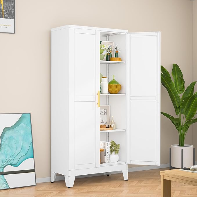 White Metal Storage Cabinet, 48" Steel Cabinets for Home Office, Kitchen Pantry Storage Cabinet with Doors and 3 Adjustable Shelves, for Office, Home, Garage, School-Ruum Studio Home