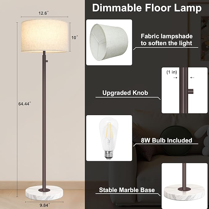 Floor Lamp for Living Room,Dimmable Gold Floor Lamp,Modern Standing Lamp with Marble Base,Tall Standing Lamp for Bedroom, Reading,Office & Kids' Room,LED Bulb Included(Brown)-Ruum Studio Home