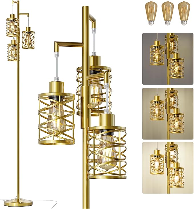 Oneach 70" Industrial Floor Lamp, Stepless Dimmable Standing Lamp with 3 Bulbs, Farmhouse Corner Standing Tree Lamp for Living Room, Tall Lamps for Bedroom, Office, Study Room, Dining Room, Gold-Ruum Studio Home