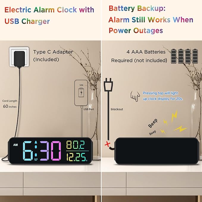 Peakeep Digital Alarm Clock for Bedrooms, Date Day of Week Large Display Numbers 6 Brightness Dimmer, 5 Volume Loud for Heavy Sleepers, 8 RGB Colors Electric Desk Clock Battery Backup, Auto DST-Ruum Studio Home