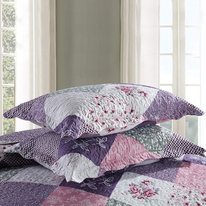 NEWLAKE Quilt Bedspread Sets-Floral Checkered Pattern Reversible Coverlet Set,King Size-Ruum Studio Home
