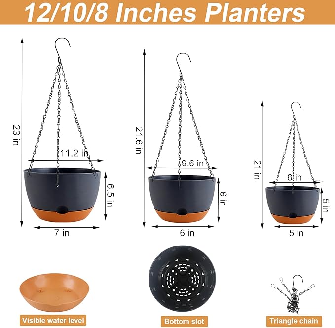 8/10/12 inch Plant Pot Hanging Planters Self Watering Pots for Indoor Plants, 3 Pack Plastic Hanging Basket with Removable Tray for Home Garden Porch Balcony Patio Decor(Black)-Ruum Studio Home