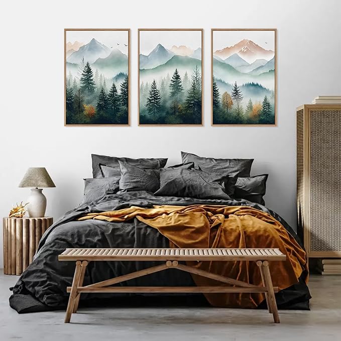 HLNIUC Misty Mountain Forest Framed Wall Art Set,Green Fog Pine Tree Wall Decor,White Foggy Forest Senic Canvas Wall Painting,Fogforest Landscape Art Print for Living Room,Bedroom,Office - 16”x24”x3-Ruum Studio Home
