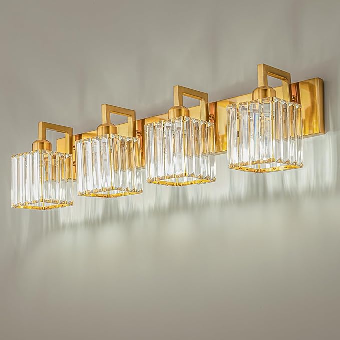 Modern Crystal Bathroom Vanity Light - 4-Lights Gold Brushed Brass Finish Wall Lamp-Ruum Studio Home