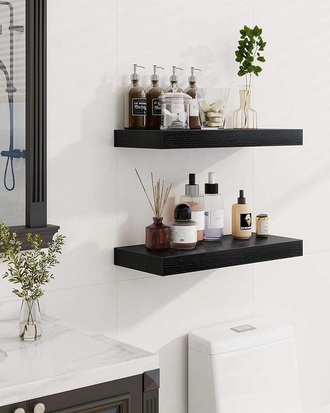 Marsmiles 6.7" Floating Shelves for Wall, Wooden Shelves with Invisible Brackets Set of 2, Rustic Farmhouse Wall Mounted Shelf for Kitchen Bathroom Living Room Study, Black-Ruum Studio Home