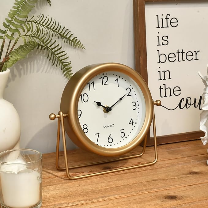 Vintage Golden Table Clock - Elegant Battery Operated Office, Living Room, and Bedroom Clock with Minimalist Design Gold Table Decor 22x19.5x5.5cm-Ruum Studio Home