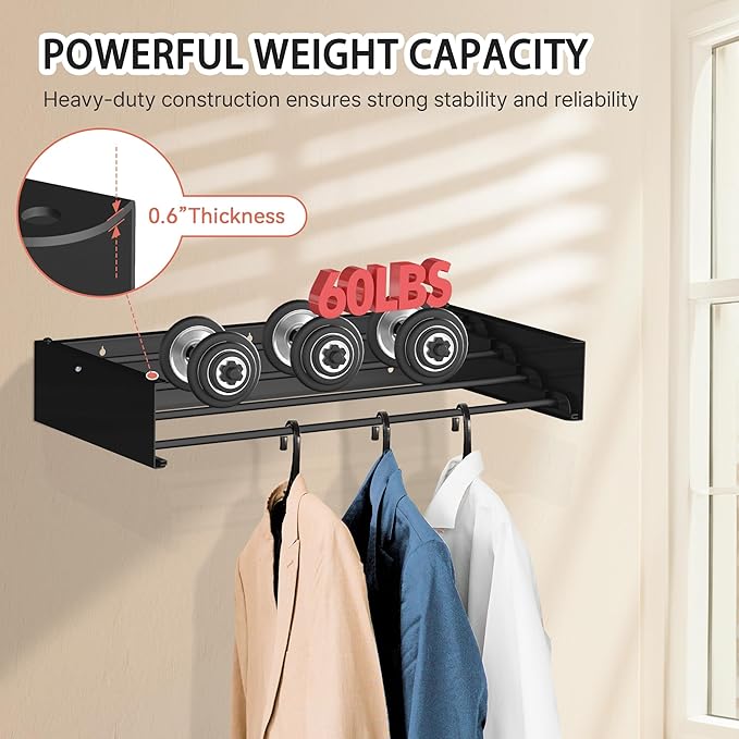 FOCHIER F Laundry Drying Rack Wall Mounted Clothes Drying Rack Collapsible with 5 Aluminum Rods and Drilling Template Long Screwdriver Bit 60 lbs Capacity (Black, 23.6“)-Ruum Studio Home