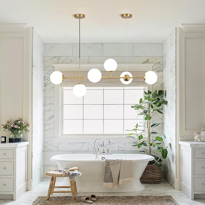 KCO Lighting Modern Globe Linear Chandelier 6 Light Milk Glass Chandeliers White and Gold Pendant Light Fixture Mid Century Rectangle Chandelier Brass Sputnik Island Lights for Kitchen-Ruum Studio Home
