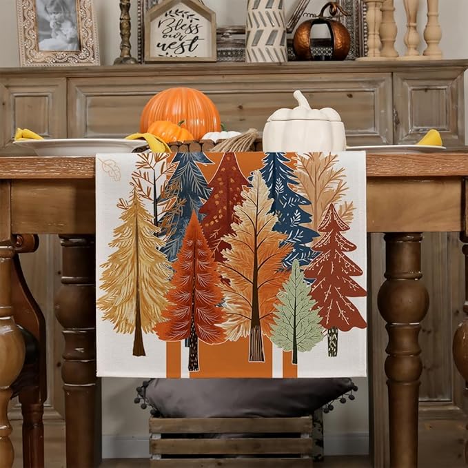 GEEORY Fall Watercolor Trees & Maple Leaves Striped Table Runner 13x108 Inch, Rustic Farmhouse Autumn Thanksgiving Decor for Kitchen, Dining, Indoor/Outdoor Holiday Dinner Party Orange GT157-108-Ruum Studio Home