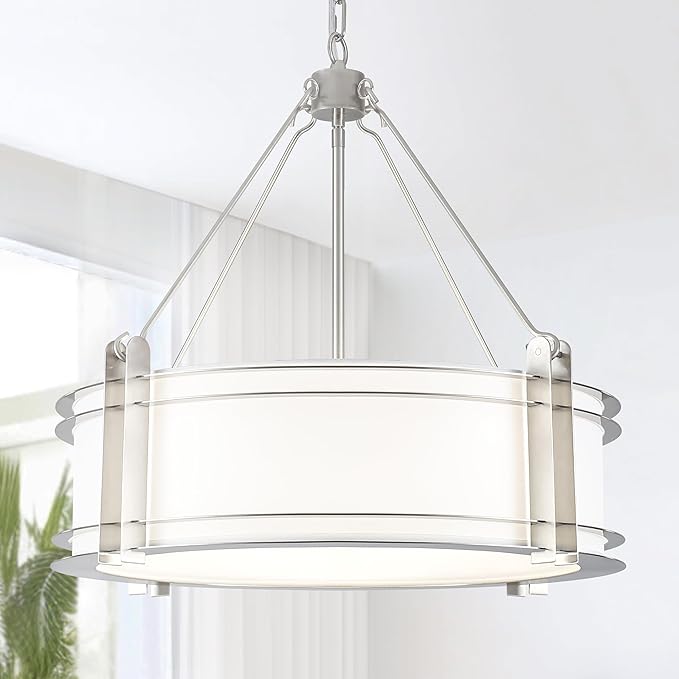 20.4''Drum Chandelier,5-Light Brushed Nickel Modern White Fabric Chandeliers,Farmhouse Round Pendant Light Fixture for Dining Room Kitchen Island Living Room Bedroom Hallway-Ruum Studio Home