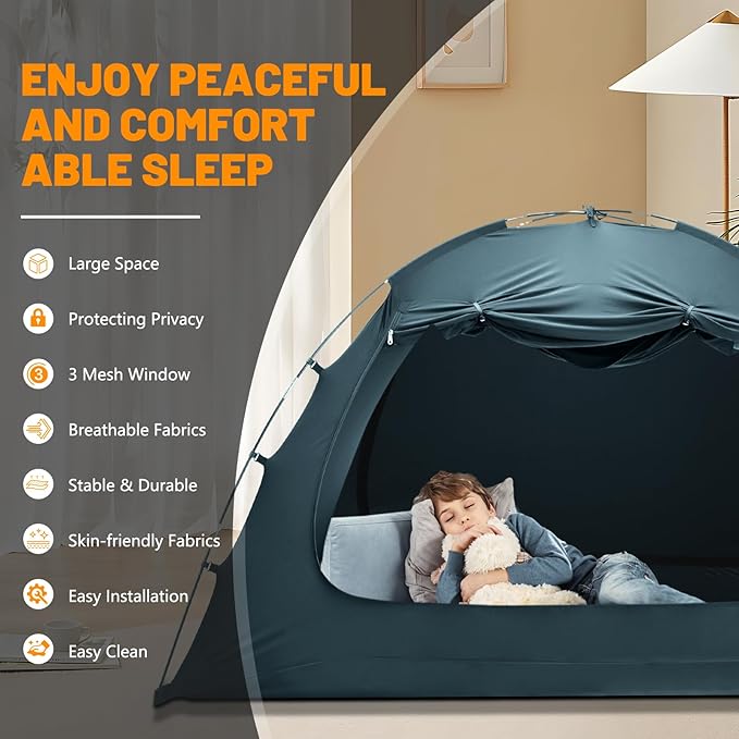 SUNYRISY Bed Tent Twin Size Bed Canopy, Indoor Tent for Adult and Kids, 3 Doors Breathable Portable Dream Tent, 80% Blackout Private Space Sleeping Tents-Ruum Studio Home