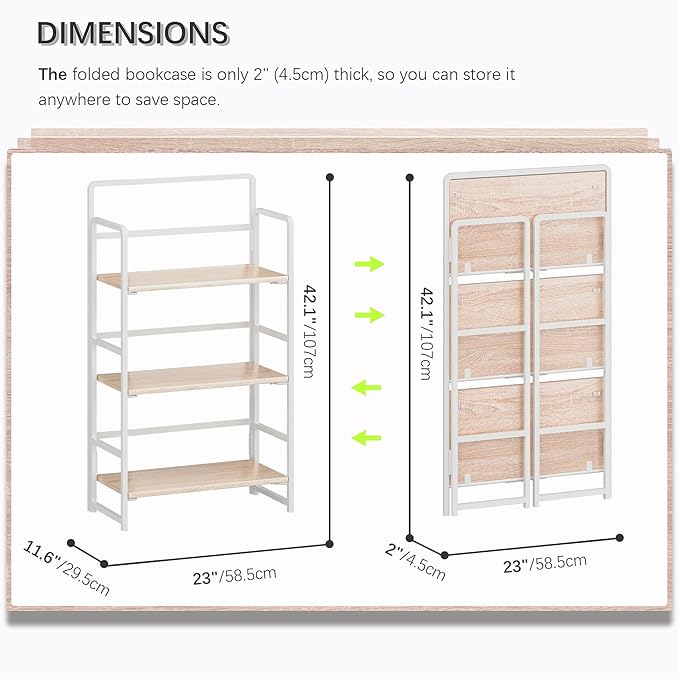4NM No Assembly Foldable Bookshelf, 3-Shelf Collapsible Bookcase Storage for Small Spaces, 42.1" H, Natural White-Ruum Studio Home