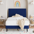 Twin Bed Frame, Velvet Upholstered Platform Bed with Vertical Channel Tufted Headboard and Footboard, No Box Spring Required, Easy Assembly, Blue-Ruum Studio Home