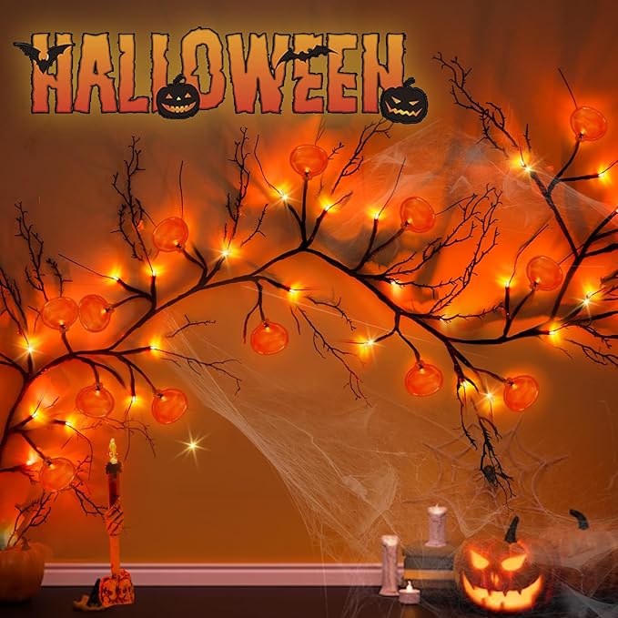 [ 8 Modes & Timer ] Halloween Willow Vine Twig Decor Garland with Pumpkins, 6 FT 54 LED Battery Operated for Indoor Halloween Decorations Home Mantle Fireplace-Ruum Studio Home