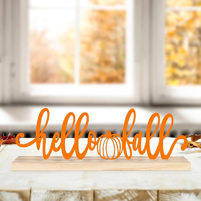 COCHIE Metal Hello Fall Sign, Orange Fall Decorations for Home, Office, Shelf, Mantel, Indoor, Autumn Decoration, Pumpkin Decor (Autumn B)-Ruum Studio Home
