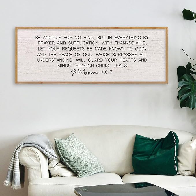 LuZhiQiang Be Anxious for Nothing Wall Decor 40"×15" Philippians 4:6-7 Bible Verse Sign Large Christian Scripture Wood Framed Hanging Decor (Wood)-Ruum Studio Home