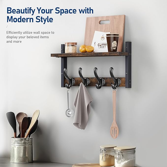 Tatub 16" Rustic Coat Rack Wall Mount with Shelf, Wall Hooks with Shelf, Heavy Duty Entryway Organizer Hangers for Hanging, Hat, Bag, Jacket for Bathroom, Living Room, Bedroom-Ruum Studio Home