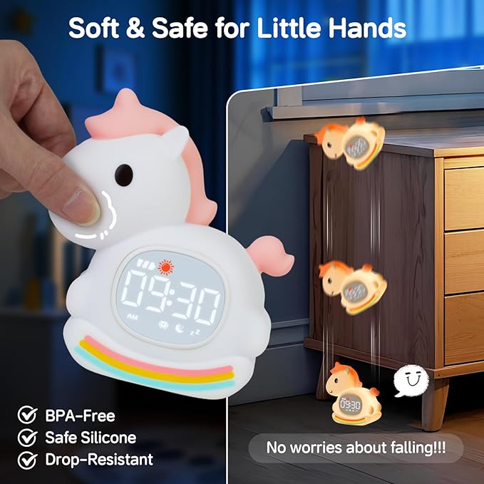 Cute Alarm Clock for Kids with Night Light, Sleep Training Clock Time to Wake Clock, Rechargeable Silicone Light for Bedroom, Perfect Sleep Companion for Boys Girls, Pink Pony-Ruum Studio Home