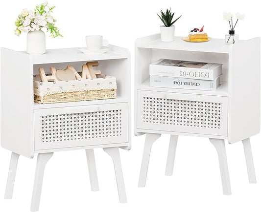 Lerliuo Rattan Nightstands Set of 2, Side Table with Drawer Open Shelf, Cane Accent Bedside End Table with Solid Wood Legs, Mid Century Modern Night Stand for Bedroom, Dorm and Small Spaces (White)-Ruum Studio Home
