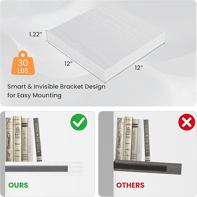 Square Floating Shelves for Wall, 12" W x 12" D x 1.2" H, Small Wooden Wall Mounted Display Shelves with Invisible Brackets for Living Room, Bedroom, Bathroom, Kitchen Decor, Set of 3, White-Ruum Studio Home