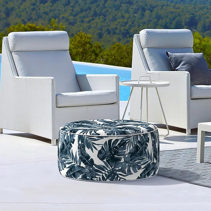 LVTXIII Outdoor/Indoor Inflatable Ottoman, 31"x31"x14" Patio Footrest Stool, Portable Round Pouf Ottoman for Patio Garden, Camping or Home Decoration, Palm Blue-Ruum Studio Home