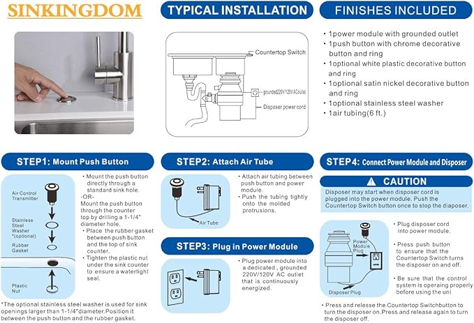 SinkTop Air Switch Kit (Long Full Brass Button) for Garbage Disposal, Cordless Matte Black-Ruum Studio Home