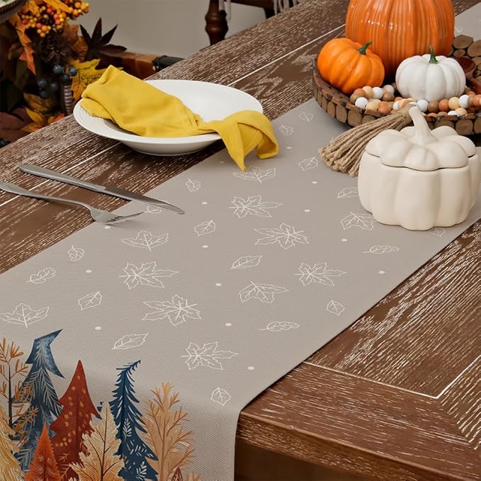 GEEORY Fall Watercolor Trees & Maple Leaves Table Runner 13x72 Inch, Rustic Farmhouse Autumn Thanksgiving Decor for Kitchen, Dining, Indoor/Outdoor Holiday Dinner Party Orange Grey GT159-72-Ruum Studio Home