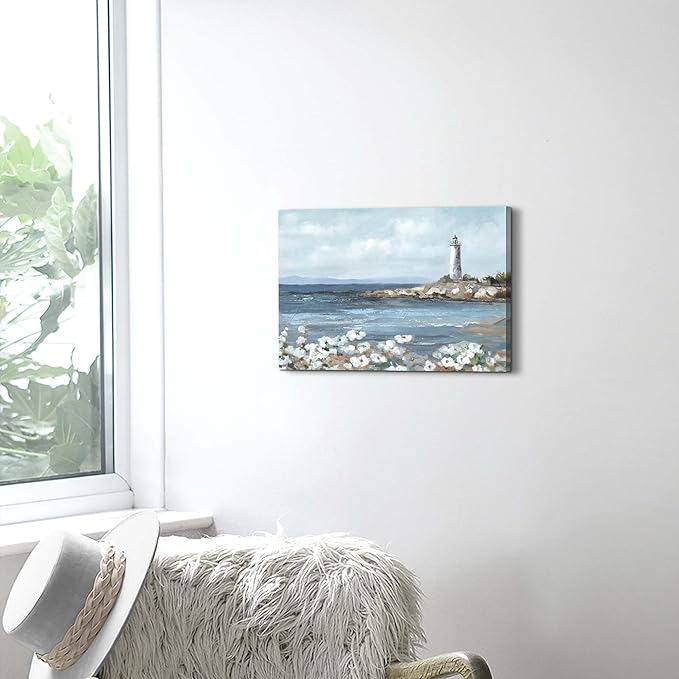 cozy country Lighthouse Wall Art 16"x11" - Coastal Pictures Beach Canvas Ocean Decor - Nautical Artwork Seascape Painting for Bathroom, Bedroom, Sea House-Ruum Studio Home