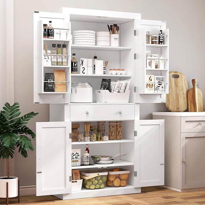 usikey 72” Pantry Cabinet, Tall Kitchen Storage Cabinet with 4 Doors and 1 Drawer, Cupboard with 6 Hanging Shelves and Adjustable Shelves for Kitchen, Dining Room, Living Room, White-Ruum Studio Home