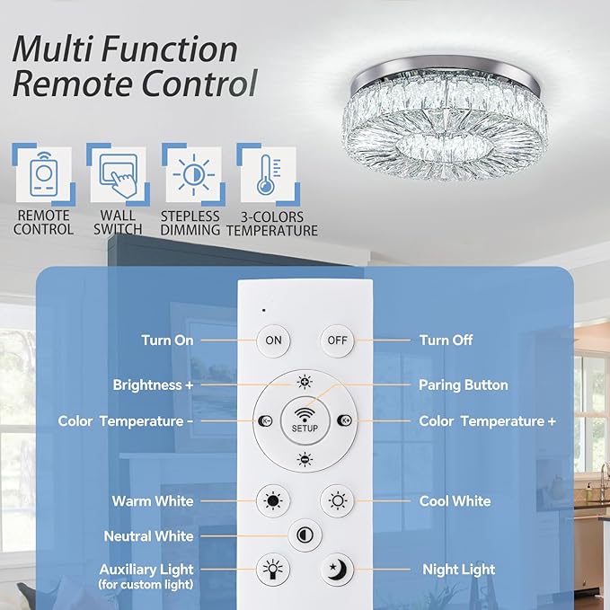 16.5 Inch Dimmable Chandelier with Remote Control LED Crystal Chandelier Modern Flush Mount Ceiling Light Fixtures for Living Room Bedroom Dining Room Entrance (dimmable-16.5")-Ruum Studio Home