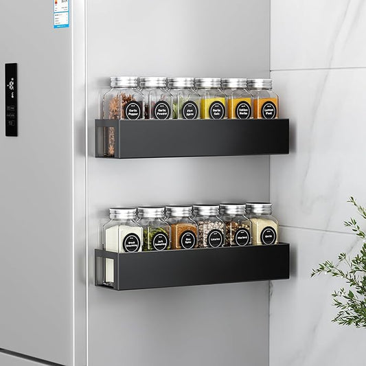 2 Pack Magnetic Spice Rack with 12 Spice Jars, Spice Labels, Magnetic Spice Organizer Shelf for Refrigerator, Microwave, Seasoning Organizer for Kitchen, Spice Jars with Label and Organizer Rack-Ruum Studio Home