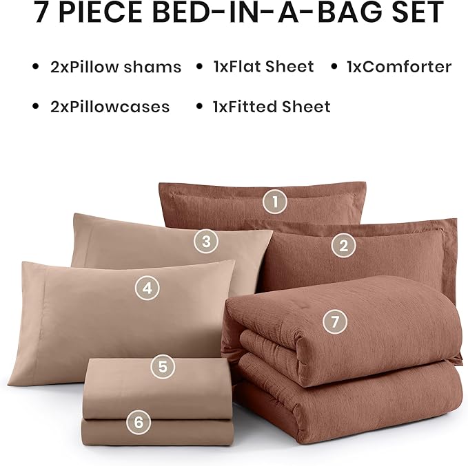 Monbix Full Size Comforter Set, Terracotta Bedding Comforter for Full Size Bed Set Reversible, Bedding Sets Full 7 Pieces, Cationic Dyeing Bed in a Bag with Comforter, Sheets, Pillowcases & Shams-Ruum Studio Home