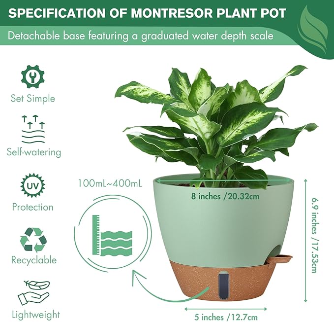 montresor 2 Pack 8 inch Plant Pots, PP Plastic Self Watering Plant Pot with Drainage and Tray for Indoor Outdoor Plants, Water Level Window & Reservoir Flower Pots Decorative Planter (Green)-Ruum Studio Home