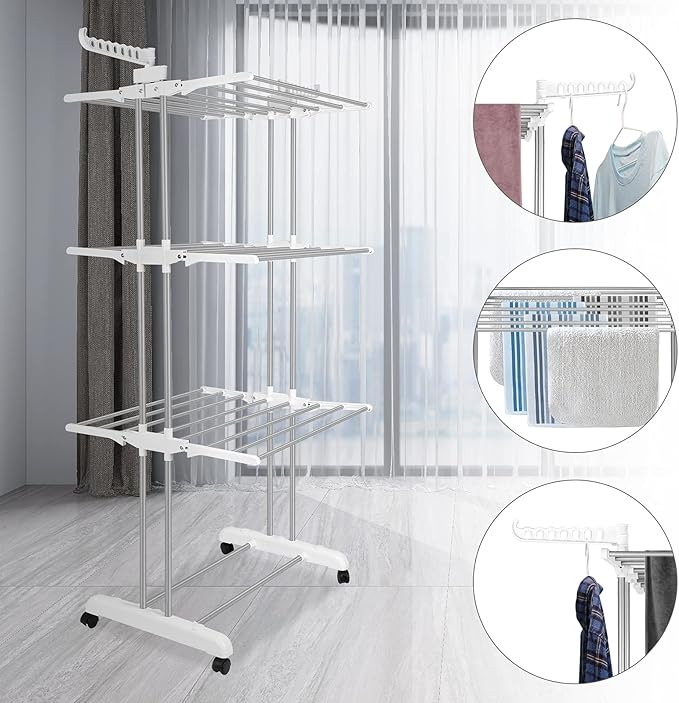 Bigzzia Clothes Drying Rack, Folding Stainless Steel Drying Rack Clothing Indoor Outdoor, Space-Saving, 4 Tier Laundry Drying Rack with Two Side Wings -Grey White-Ruum Studio Home