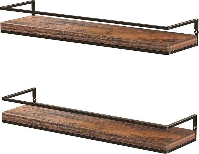 Meangood Floating Shelves Wall Mounted Set of 2, Rustic Wood Wall Storage Shelves for Bedroom,Living Room,Bathroom, Kitchen Rustic Brown-Ruum Studio Home