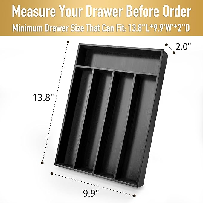 Bamboo Silverware Holder - Drawer Organizer with 5 Slots (Black)-Ruum Studio Home