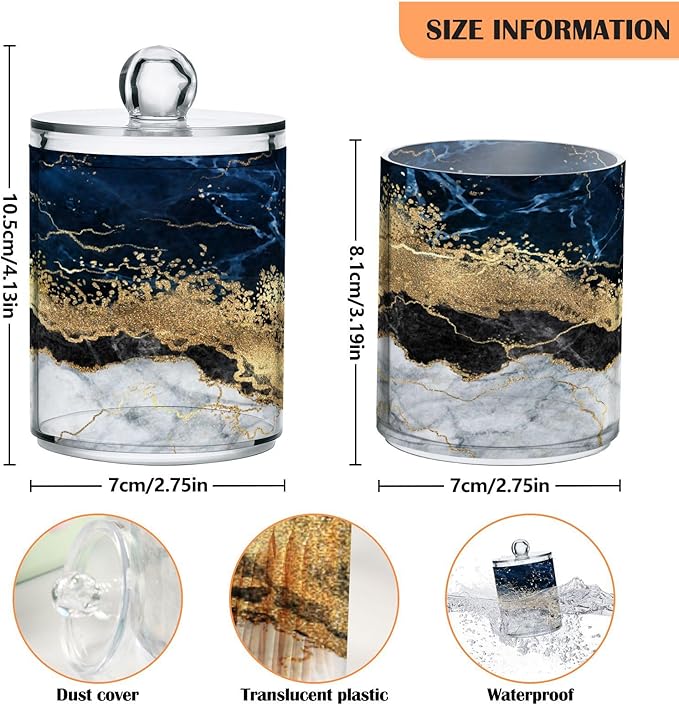 2 Pack Qtip Holder Dispenser Navy Blue Marble Bathroom Storage Canister Lid Acrylic Plastic Apothecary Jar Set Vanity Makeup Organizer for Cotton Swabs/Pads/Floss-Ruum Studio Home