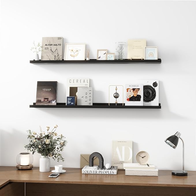 Picture Ledge Shelf, Wood Long Floating Shelves for Wall, Set of 2, 48 inch Picture Ledge Shelves, Photo Ledge Nursery Book Shelves Wall Mounted for Living Room Kids' Room Bedroom, Color Black-Ruum Studio Home
