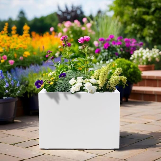 Metal Planter Box Rectangular Block-No Installation Required Galvanized Steel Long Box Planter Modern Outdoor Planters All-Weather Use with Drainage Holes for Patio/Porch,16 ×12×12IN（White）-Ruum Studio Home