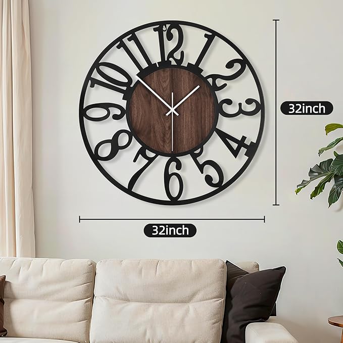 Maxstar Large Round Wall Clock for Living Room Decor Battery Operated Non Ticking Black Metal Wood Clocks for Home Living Room Garden Farmhouse Office Kitchen Decoration -32 inch-Ruum Studio Home