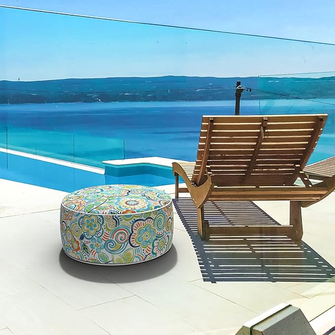 LVTXIII Outdoor/Indoor Inflatable Stool Ottoman, All Weather Patio Footrest Pouf, Portable Round Ottoman for Patio Garden, Camping or Home, D21xH9 Inches, Flower Blue-Ruum Studio Home